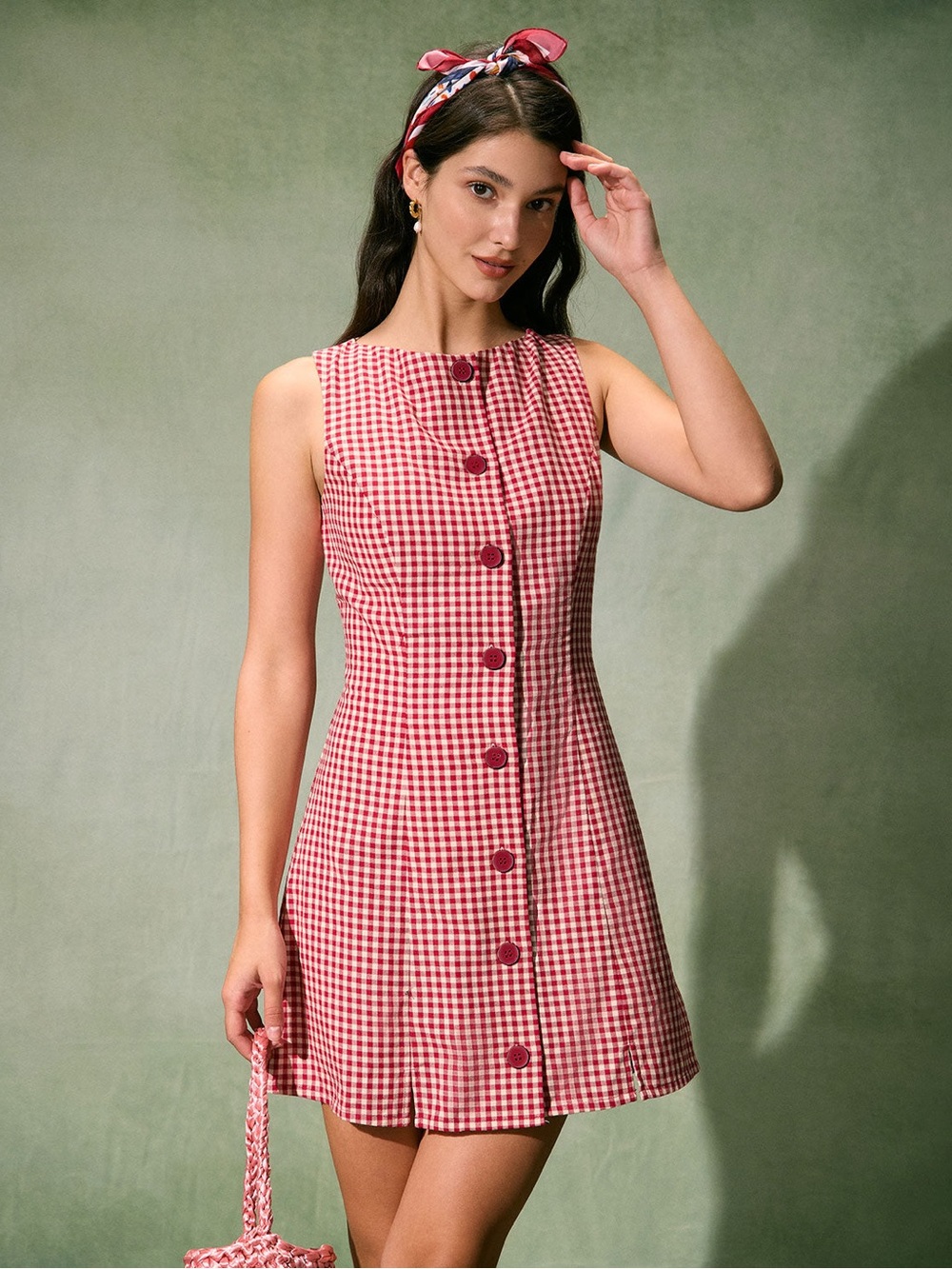 Rihoas The Red Boat Neck Gingham Plaid Mini Dress